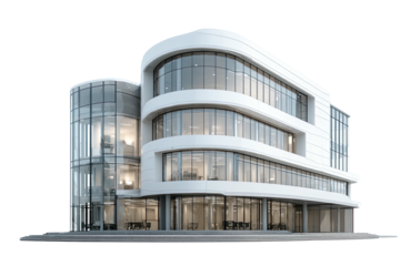 White, rounded modern building with many glass windows