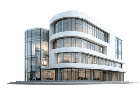 White, rounded modern building with many glass windows