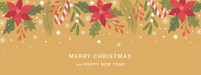 Merry Christmas banner or poster with border in pattern of winter plants and flowers. Holiday gold luxury background with mistletoe, candy cane, berry, poinsettia, branches fir, snow.