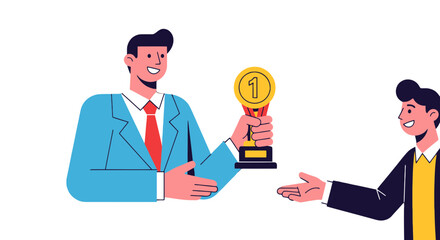 Award Presentation: Business Winner Appreciated With Trophy And Congratulations.