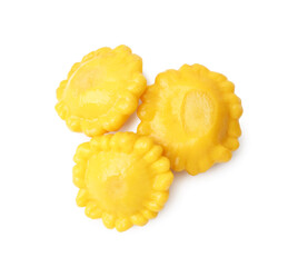 Tasty pickled pattypan squashes isolated on white, top view