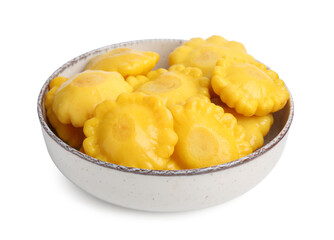 Pickled pattypan squashes in bowl isolated on white