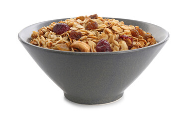 Delicious granola with dried fruits and nuts in bowl isolated on white