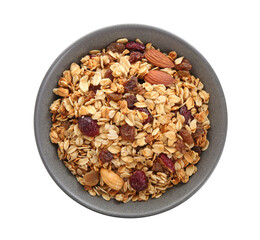 Delicious granola with dried fruits and nuts in bowl isolated on white, top view
