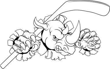 A rhino or rhinoceros ice hockey tough cartoon sports mascot