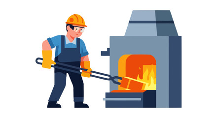 Blacksmith Utilizing Furnace To Shape Metal, Demonstrating Industrial Work Process Accurately