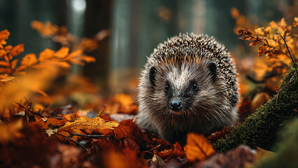 A close-up depicts a hedgehog in a forest setting. Surrounded by fall foliage, it could be used as stock art for a project.