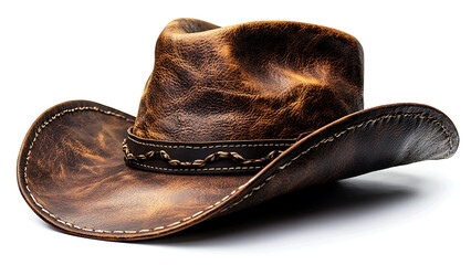 A leather cowboy hat, with a white background, perfect for cowboys.