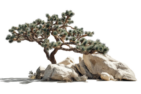 Twisted desert tree on rocks, isolated against black space