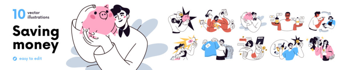 Fototapeta na wymiar People saving money set. Financial concept of careful budgeting. Stingy characters planning personal finance, calculating expenses and profit. Flat vector illustration isolated on white background