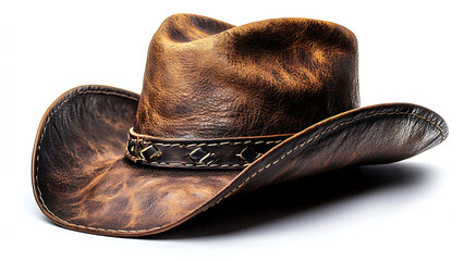 A leather cowboy hat, with a white background, perfect for cowboys.