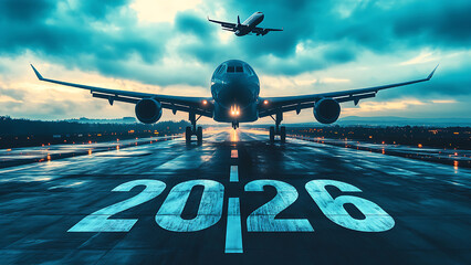 Two planes are shown on an airport runway with "2026" written in large letters on the ground. The image represents the travel plans for 2026.