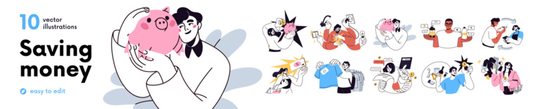 People saving money set. Financial concept of careful budgeting. Stingy characters planning personal finance, calculating expenses and profit. Flat vector illustration isolated on white background