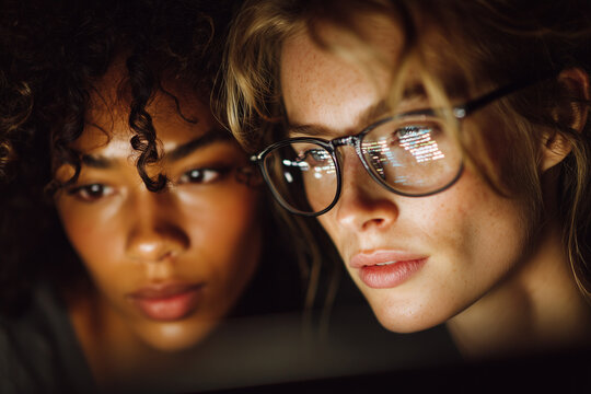 Two focused young women collaborating over a laptop at night with code reflected in glasses, illustrating diversity and teamwork in tech.