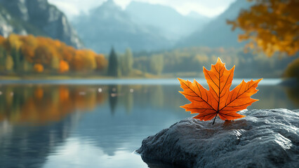 A maple leaf sits on a rock at the water’s edge of a calm lake. 