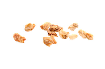 Delicious granola in air against white background