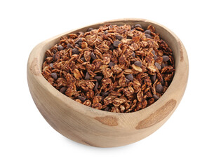 Delicious granola with chocolate chips in bowl isolated on white