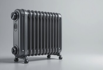 Fototapeta premium Studio shot of oil-filled radiator heater, isolated on light gray background, sharp focus, clear reflection on surface. Mockup style.