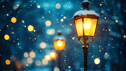 Three snow-covered lampposts are the focus of this winter-themed image.