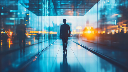 A person in a suit walks away down a futuristic hall, with a blurry cityscape visible behind them. The image evokes a sense of ambition and modern business.