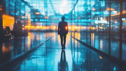 A person in a suit walks away down a futuristic hall, with a blurry cityscape visible behind them. The image evokes a sense of ambition and modern business.