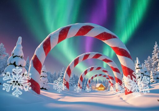 Whimsical candy cane archway wonderland under the enchanting aurora borealis sky