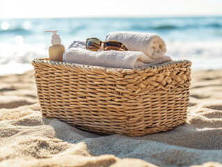 Obraz premium A woven basket sits on soft sand, holding neatly rolled towels and sunglasses. A sunscreen bottle is nearby, suggesting a perfect beach day enjoying the sun and surf.