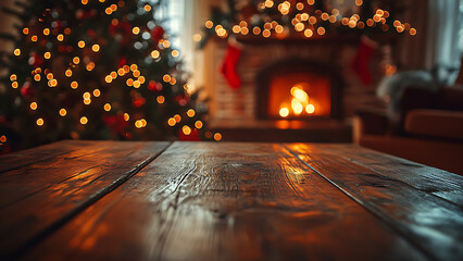 A cozy Christmas scene. A rustic wooden table foreground is out of focus, with a Christmas tree and fireplace in the background.