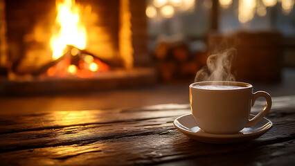 A steaming cup of coffee sits on a wooden surface. In the blurred background, a warm fireplace glows.