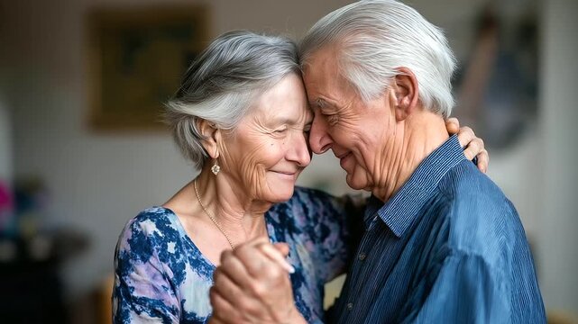An elderly couple dancing slowly in their living room, nostalgic atmosphere &mdash; blured background, with copy space.