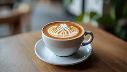 This image shows a latte with an artistic foam design, served on a white plate.