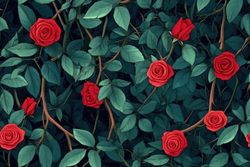 Roses blooming amidst dense, winding green leaves