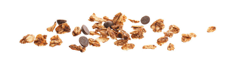 Delicious granola with chocolate chips in air isolated on white