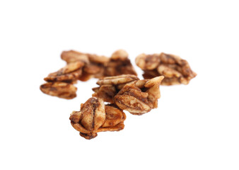 Delicious granola in air isolated on white