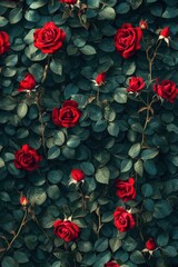 Vibrant red roses climbing on tangled thorny stems