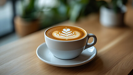This image shows a latte with an artistic foam design, served on a white plate.
