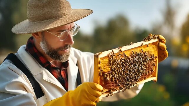 Beekeeper inspecting honeycomb frame full of bees, natural light &mdash; blured background, with copy space.