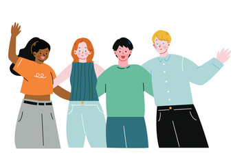 留学先の友達を肩を組む日本人男子学生