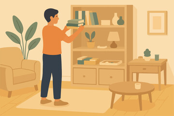 a man is arranging books on a bookshelf