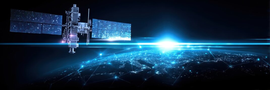 A space themed digital painting of Connectivity satellites linking Modem and Server across galaxies with issue and Recovery Monitoring lights