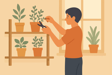 young man watering plants