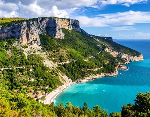 Coastal landscape features cliffs, vibrant turquoise sea, and lush greenery