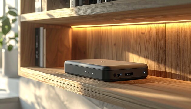 Modern Media Streaming Device on Wooden Shelf. - Powered by Adobe
