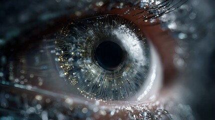 Discover the future of vision with a stunning close up of a human eye integrated with advanced technology and intricate circuit patterns