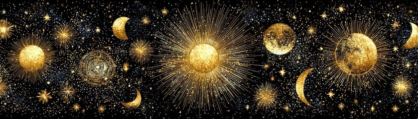 Drawing of golden stars moon planets constellations on black concept. Stunning celestial artwork of various planets and moons.