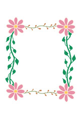 Cute hand-drawn floral frame with pink daisies and green leaves on a transparant background. Perfect for greeting cards, invitations, or scrapbook design.