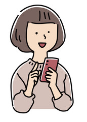 スマホを操作する笑顔の女性のバストアップ_カラー