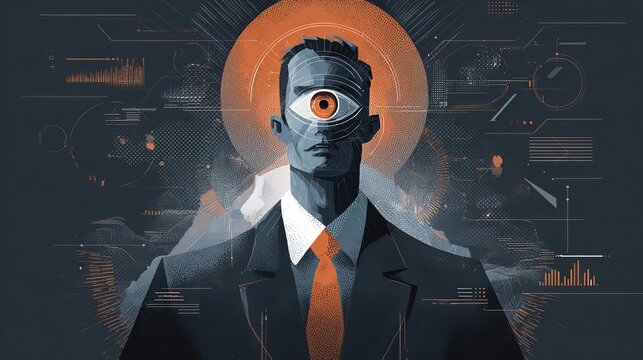 Visionary businessman with all seeing eye embodies future tech, data analytics, and strategic insight for modern success