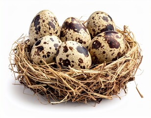 Obraz premium Quail eggs in a nest on a white background.