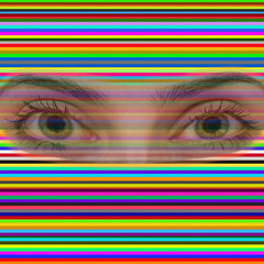 Mysterious human eyes behind colorful horizontal stripes, surreal and abstract concept symbolizing perception, curiosity and hidden emotions through vivid modern art composition
